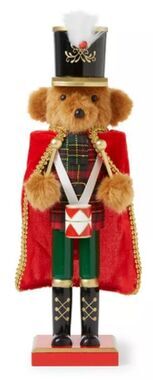 Wooden Christmas Nutcracker, 14", TEDDY BEAR SOLDIER IN UNIFORM WITH DRUMS, BLK